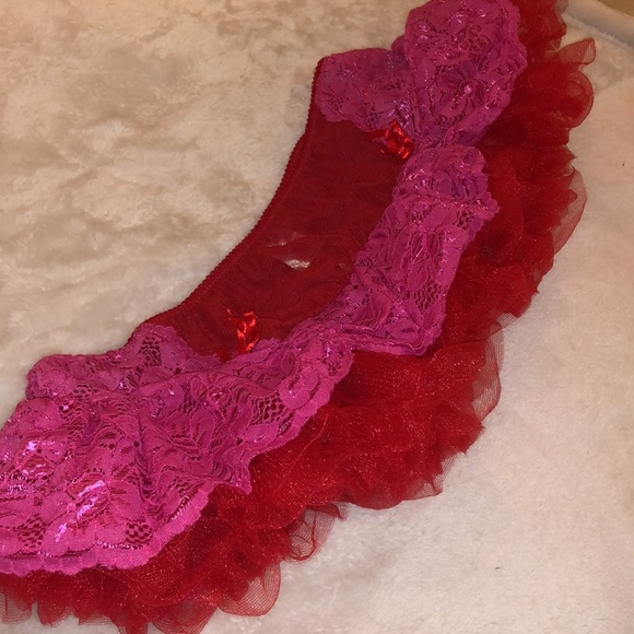 NWT Raveware Lingerie Red Mesh & Pink Lace Toole Ruffle Booty Skirt - Size Small - Picture 2 of 8